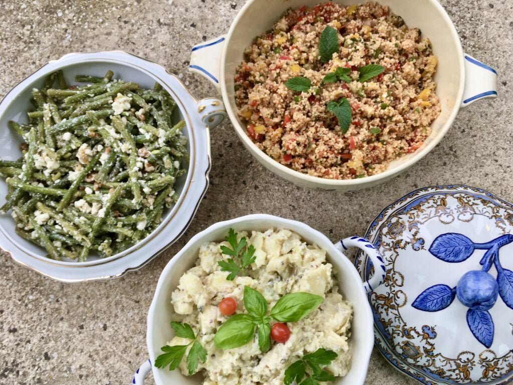 sperziebonen-, aardappelsalade, tabouleh