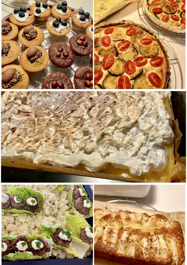 verjaardagscatering voor 11p: o.a. diverse cupcakes, citroen meringue taart, aardappelsalade met gehaktballetje, diverse quiches, appelcake.